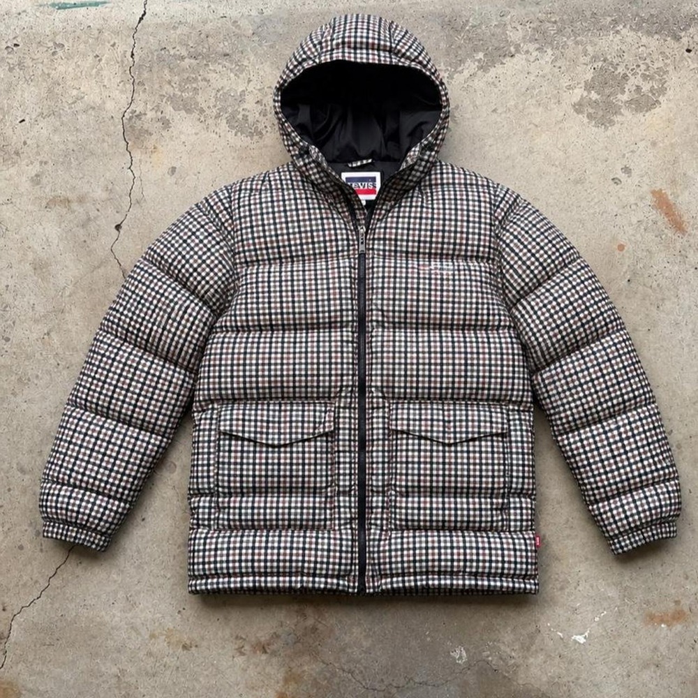 Levis Brown Checkered Hooded Puffer Jacket Down Insulated Water Repellent M